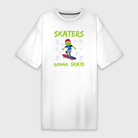 Платье-футболка хлопок с принтом SKATERS лягушонок на скейтборде в Санкт-Петербурге,  |  | board | extreme | frog | skate | skateboard | skateboarder | skateboarding | доска | жаба | квакушка | квакша | лягва | лягуха | лягушка | лягушки | скейт | скейтборд | скейтбординг | скейтбордист | фрог | экстрим