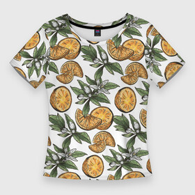 Женская футболка 3D Slim с принтом Узор из тропических апельсинов в Санкт-Петербурге,  |  | drawn | fruit | frukt | frukti | frukty | hand | handdrawn | orange | pattern | summer | tropical | апельсины | вручную | лето | паттерн | рисунок от руки | фруктовый узор