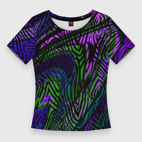 Женская футболка 3D Slim с принтом Абстрактный современный тигровый узор в Санкт-Петербурге,  |  | abstraction | pattern | зеленый | молодежный | пурпурный | тигровый