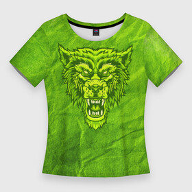 Женская футболка 3D Slim с принтом Ядовитый волк в Санкт-Петербурге,  |  | волк | волчище | голова | дикий | желтоватый | желтый | жестокий | зеленоватый | зеленый | злобный | злой | кислотный | лютый | сердитый | хищник | ядовитый | яростный
