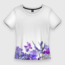 Женская футболка 3D Slim с принтом Любимые Ирисы в Санкт-Петербурге,  |  | Тематика изображения на принте: ириски | ирисы | любимые ирисы | фиолетовые цветы | цветы