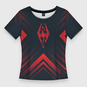 Женская футболка 3D Slim с принтом Красный Символ Skyrim на темном фоне со стрелками в Санкт-Петербурге,  |  | elder | logo | scrolls | skyrim | the | игра | игры | лого | логотип | огонь | пламя | ромб | символ | скайрим
