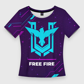 Женская футболка 3D Slim с принтом Символ Free Fire в неоновых цветах на темном фоне в Санкт-Петербурге,  |  | fire | free | free fire | garena | logo | neon | гарена | игра | игры | краска | лого | логотип | неон | символ | фаер | фри