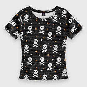 Женская футболка 3D Slim с принтом Черепа и кости, паттерн в Санкт-Петербурге,  |  | детский | дудл | звезды | кости | паттерн | пират | пиратский | скрещенные | хэллоуин | человеческие | черепа | черный