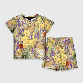 Детский костюм с шортами 3D с принтом Цветы Нарциссы и Зайцы в Санкт-Петербурге,  |  | flowers | букет | зайци | нарциссы | природа | растение | флора | цветы