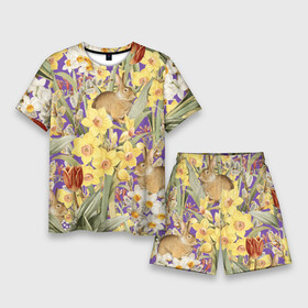 Мужской костюм с шортами 3D с принтом Цветы Нарциссы и Зайцы в Санкт-Петербурге,  |  | flowers | букет | зайци | нарциссы | природа | растение | флора | цветы
