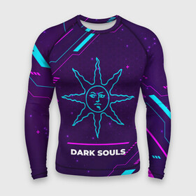 Мужской рашгард 3D с принтом Символ Dark Souls Sun в неоновых цветах на темном фоне в Санкт-Петербурге,  |  | dark | dark souls | logo | neon | souls | дарк | игра | игры | лого | логотип | неон | символ | соулс