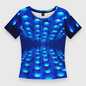 Женская футболка 3D Slim с принтом GLOWING SPOTLIGHTS в Санкт-Петербурге,  |  | абстракция | блеск | блестящий | луч | освещение | освещенный | прожектор | пространство | свет | светящийся | свечение | синий | темнота | фон | черный | эффект | яркий