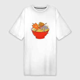 Платье-футболка хлопок с принтом THREE CATS EATING NOODLES в Санкт-Петербурге,  |  | spaghetti | вкусная | домашние животные | еда | лапша | любимая | спагетти | чашка