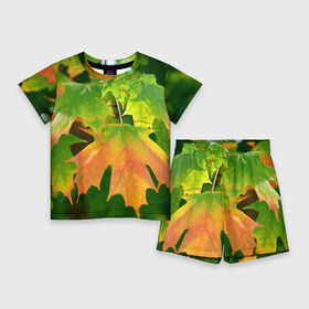 Детский костюм с шортами 3D с принтом кленовый лист в Санкт-Петербурге,  |  | зеленый | камуфляж | канада | клен | кленовый лист | лес | лето | лист | маскировка | ростислав удача