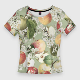 Женская футболка 3D Slim с принтом Яблочный Сад в Санкт-Петербурге,  |  | apples | flowers | garden | summer | лето | сад | цветы | яблоки