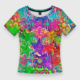 Женская футболка 3D Slim с принтом COLOR STARFALL в Санкт-Петербурге,  |  | Тематика изображения на принте: абстракция | желтый | звездопад | звезды | космос | красиво | минимализм | узор | фиолетовый | фон | цвета