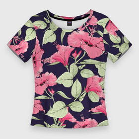 Женская футболка 3D Slim с принтом Цветы Розовые Гибискусы На Тёмно Синем Фоне в Санкт-Петербурге,  |  | flowers | букет | гибискусы | природа | растение | флора | цветы