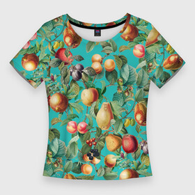 Женская футболка 3D Slim с принтом Ассорти Фруктов в Санкт-Петербурге,  |  | fruits | summer | вишня | груши | киви | лето | сливы | фрукты | яблоки