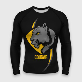 Мужской рашгард 3D с принтом Cougar  пума в Санкт-Петербурге,  |  | cat | cougar | emblem | gaze | harsh | predator | wild | взгляд | дикая | кошка | пума | суровый | хищник | эмблема