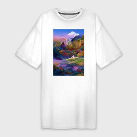 Платье-футболка хлопок с принтом Абстрактный пейзаж в Санкт-Петербурге,  |  | абстракция | азия | живопись | иероглифы | пейзаж | повседневность | разноцветный | японский