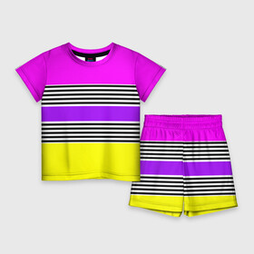 Детский костюм с шортами 3D с принтом Яркие неоновые полосы в сочетании с черно белыми полосками. в Санкт-Петербурге,  |  | neon stripes | stripes | желтый неоновый | неоноые полосы | полосаты узор | розовый неоновый