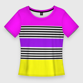 Женская футболка 3D Slim с принтом Яркие неоновые полосы в сочетании с черно белыми полосками. в Санкт-Петербурге,  |  | neon stripes | stripes | желтый неоновый | неоноые полосы | полосаты узор | розовый неоновый