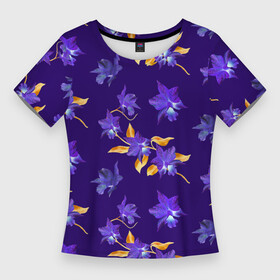 Женская футболка 3D Slim с принтом Цветы Фиолетовые Ирисы На Синем Фоне в Санкт-Петербурге,  |  | flowers | букет | ирисы | природа | растение | синий | фиолетовый | флора | цветы