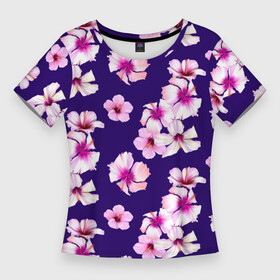 Женская футболка 3D Slim с принтом Цветы Розовые Гибискус На Синем Фоне в Санкт-Петербурге,  |  | flowers | букет | гибискус | природа | растение | розовый | синий | флора | цветы