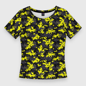 Женская футболка 3D Slim с принтом Камуфляж Пиксельный Чёрно Жёлтый в Санкт-Петербурге,  |  | black | camo | yellow | жёлтый | камуфляж | пиксель | сamouflage | чёрный