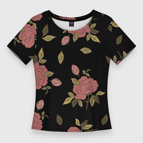 Женская футболка 3D Slim с принтом Розовые розы на темном фоне в Санкт-Петербурге,  |  | flower | pink | розовый | розы | цветы