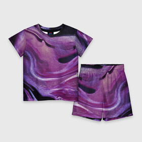 Детский костюм с шортами 3D с принтом Фиолетовая текстура в Санкт-Петербурге,  |  | блестки | волны | девочкам | девушкам | для девочек | для девушек | краска | разводы | текстура | темная | фиолетовый | флюиды | цветная | частицы