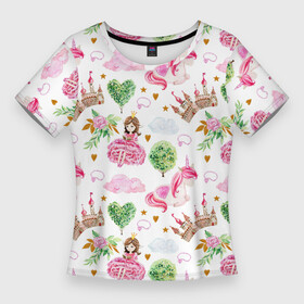 Женская футболка 3D Slim с принтом Принцесса, замки и единороги в Санкт-Петербурге,  |  | барби | девушка | единороги | замки | замок | кукла