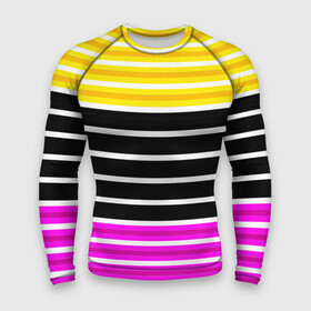 Мужской рашгард 3D с принтом Желтые розовые и черные полосы на белом в Санкт-Петербурге,  |  | black stripes | pink stripes | stripes | yellow | желтый | полосатый узор | розовый | черные полосы
