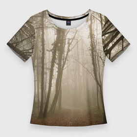 Женская футболка 3D Slim с принтом Туманный лес на восходе в Санкт-Петербурге,  |  | fog | forest | morning | sun | восход | лес | солнце | туман | утро