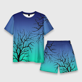 Мужской костюм с шортами 3D с принтом Черные абстрактные ветки деревьев на сине зеленом градиенте в Санкт-Петербурге,  |  | abstraction | blue green | gradient | абстракция | ветки | ветки деревьев | градиент | зеленый | синий