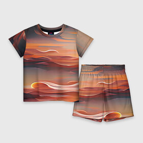 Детский костюм с шортами 3D с принтом Буря в пустыне в Санкт-Петербурге,  |  | abstraction | bright | dark | desert | horizon | light | nature | sun | sunset | абстракция | горизонт | закат | пейзаж | природа | пустыня | свет | солнце | темная