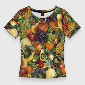 Женская футболка 3D Slim с принтом Вкусные Летние Фрукты в Санкт-Петербурге,  |  | bananas | fruits | garnet | pineapples | summer | ананасы | бананы | виноград | вишня | гранат | груши | киви | клубника | лето | сливы | фрукты | яблоки
