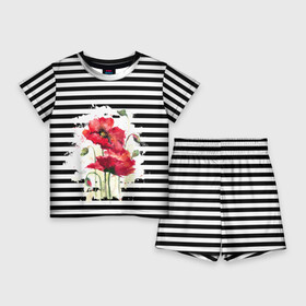 Детский костюм с шортами 3D с принтом Red poppies Акварельные цветы в Санкт-Петербурге,  |  | poppies | red poppies | watercolor | акварель | красные маки | маки | полосатый | черно белые полосы
