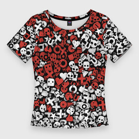 Женская футболка 3D Slim с принтом Красно белые знаки LDR в Санкт-Петербурге,  |  | death | ldr | love | robots | занаки | значки | иконки | лср | любовь | паттерн | роботы | сериал | узор