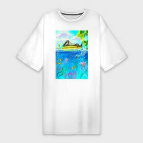 Платье-футболка хлопок с принтом Енот и утки на летнем отдыхе в Санкт-Петербурге,  |  | водой | водоросли | енот | кораллы | круг | лето | медуза | море | океан | пальмы | плавательный | под | птица | рыбка | утка