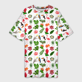 Платье-футболка 3D с принтом TEXTURE OF EXOTIC FLORA AND FAUNA в Санкт-Петербурге,  |  | животные | попугай | растения | фауна | фламинго | флора | цветы