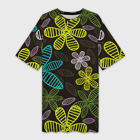 Платье-футболка 3D с принтом MULTICOLORED TRANSPARENT FLOWERS в Санкт-Петербурге,  |  | ботанический | желтый | зеленый | красивый | растение | розовый | синий | узор | цветочный