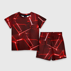 Детский костюм с шортами 3D с принтом Red fault в Санкт-Петербурге,  |  | 3d плиты | абстракция | красная | красный | неон | плитка | разлом | текстура