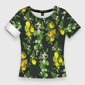 Женская футболка 3D Slim с принтом Апельсины, Лаймы и Лимоны в Санкт-Петербурге,  |  | апельсин | апельсины | в | вектор | ветка | графика | еда | жаркий | зелень | кастом | кислый | лайм | летний | лимон | лимоны | лист | мотив | нежный | паттерн | природа | растительный | рисунок
