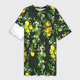 Платье-футболка 3D с принтом Апельсины, Лаймы и Лимоны в Санкт-Петербурге,  |  | апельсин | апельсины | в | вектор | ветка | графика | еда | жаркий | зелень | кастом | кислый | лайм | летний | лимон | лимоны | лист | мотив | нежный | паттерн | природа | растительный | рисунок