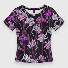 Женская футболка 3D Slim с принтом Цветы Фиолетовые Ирисы в Санкт-Петербурге,  |  | flowers | summer | букет | ирисы | лето | природа | растение | фиолетовый | флора | цветы