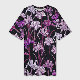 Платье-футболка 3D с принтом Цветы Фиолетовые Ирисы в Санкт-Петербурге,  |  | flowers | summer | букет | ирисы | лето | природа | растение | фиолетовый | флора | цветы