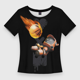 Женская футболка 3D Slim с принтом Горящий мяч и падающий робот в Санкт-Петербурге,  |  | Тематика изображения на принте: ldr | pop art | robots
