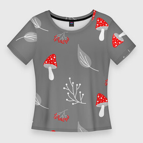Женская футболка 3D Slim с принтом Грибочки на сером фоне, паттерн в Санкт-Петербурге,  |  | berries | berry | cottagecore | forest | gray | mushroom | red | white | белый | бесшовный | ветки | веточки | грибочки | грибы | детский | красный | лес | лето | листики | листья | милый | минималистичный | мухоморы | осень | паттерн