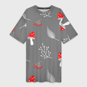 Платье-футболка 3D с принтом Грибочки на сером фоне, паттерн в Санкт-Петербурге,  |  | berries | berry | cottagecore | forest | gray | mushroom | red | white | белый | бесшовный | ветки | веточки | грибочки | грибы | детский | красный | лес | лето | листики | листья | милый | минималистичный | мухоморы | осень | паттерн
