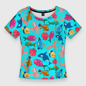 Женская футболка 3D Slim с принтом THE UNDERWATER WORLD OF THE OCEAN в Санкт-Петербурге,  |  | вода | дельфин | животные | лето | море | морской | океан | осьминог | под водой | подводный | природа | раковина | рыба | синий | узор