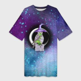 Платье-футболка 3D с принтом Сова колдунья с зельем на фоне ночного неба в Санкт-Петербурге,  |  | night | owl | stars | witch | ведьма | звезды | зелье | колдунья | месяц | небо | ночное | ночь | синее | сова | фиолетовое