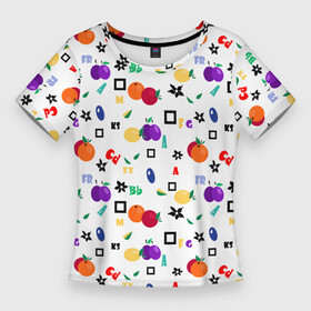 Женская футболка 3D Slim с принтом Разноцветные фрукты и ягоды на белом фоне в Санкт-Петербурге,  |  | alphabet | fruit | summer | детский | разноцветный | ретро | сливы | фрукты | яблоки | ягоды