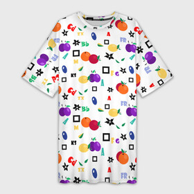 Платье-футболка 3D с принтом Разноцветные фрукты и ягоды на белом фоне в Санкт-Петербурге,  |  | alphabet | fruit | summer | детский | разноцветный | ретро | сливы | фрукты | яблоки | ягоды